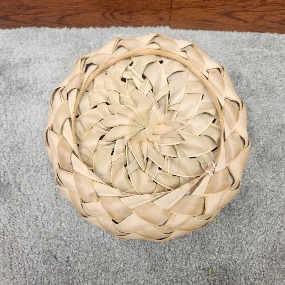 Handwoven Frond Basket Round Natural Fiber Braided Rustic Farmhouse Boho Decor